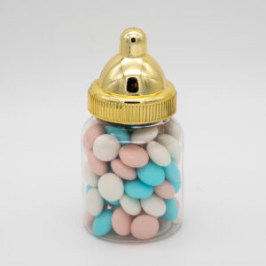 Babyflesje Gender Reveal met chocolade dragees blauw-roze-wit