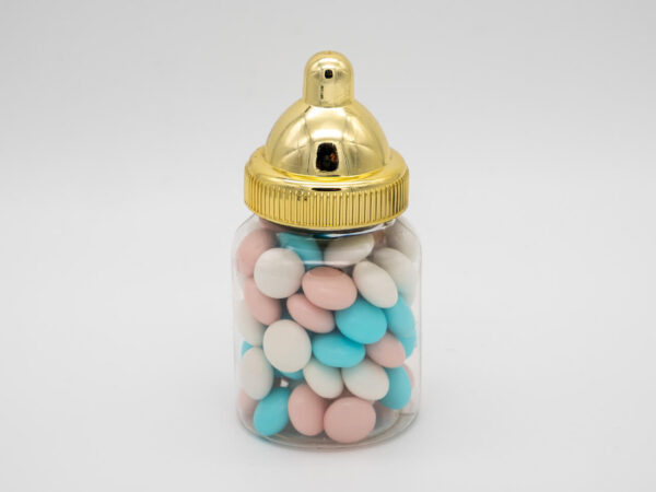 Babyflesje Gender Reveal met chocolade dragees blauw-roze-wit