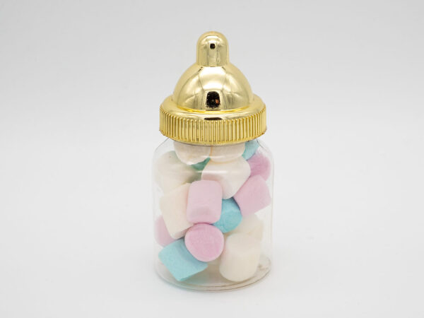 Babyflesje Gender Reveal met mini marshmallows blauw-roze-wit
