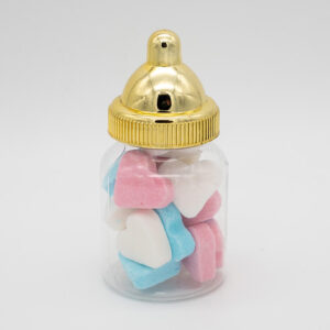 Babyflesje Gender Reveal met mini vruchtenhartjes blauw-roze-wit