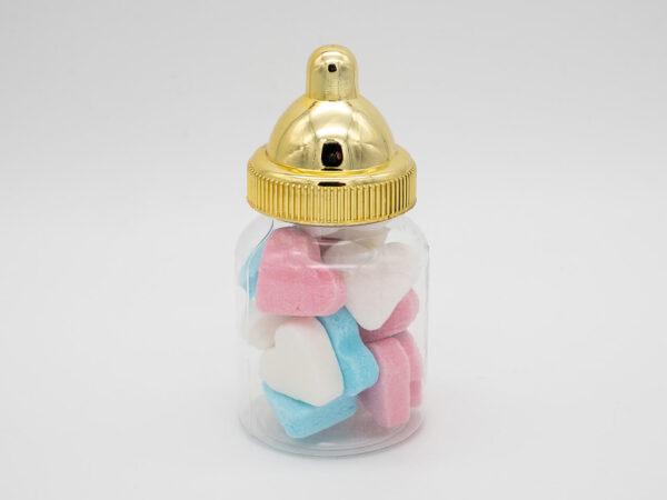 Babyflesje Gender Reveal met mini vruchtenhartjes blauw-roze-wit