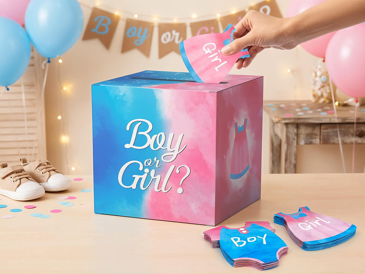 Gender Reveal stemdoos met stemkaartjes boy girl sfeer
