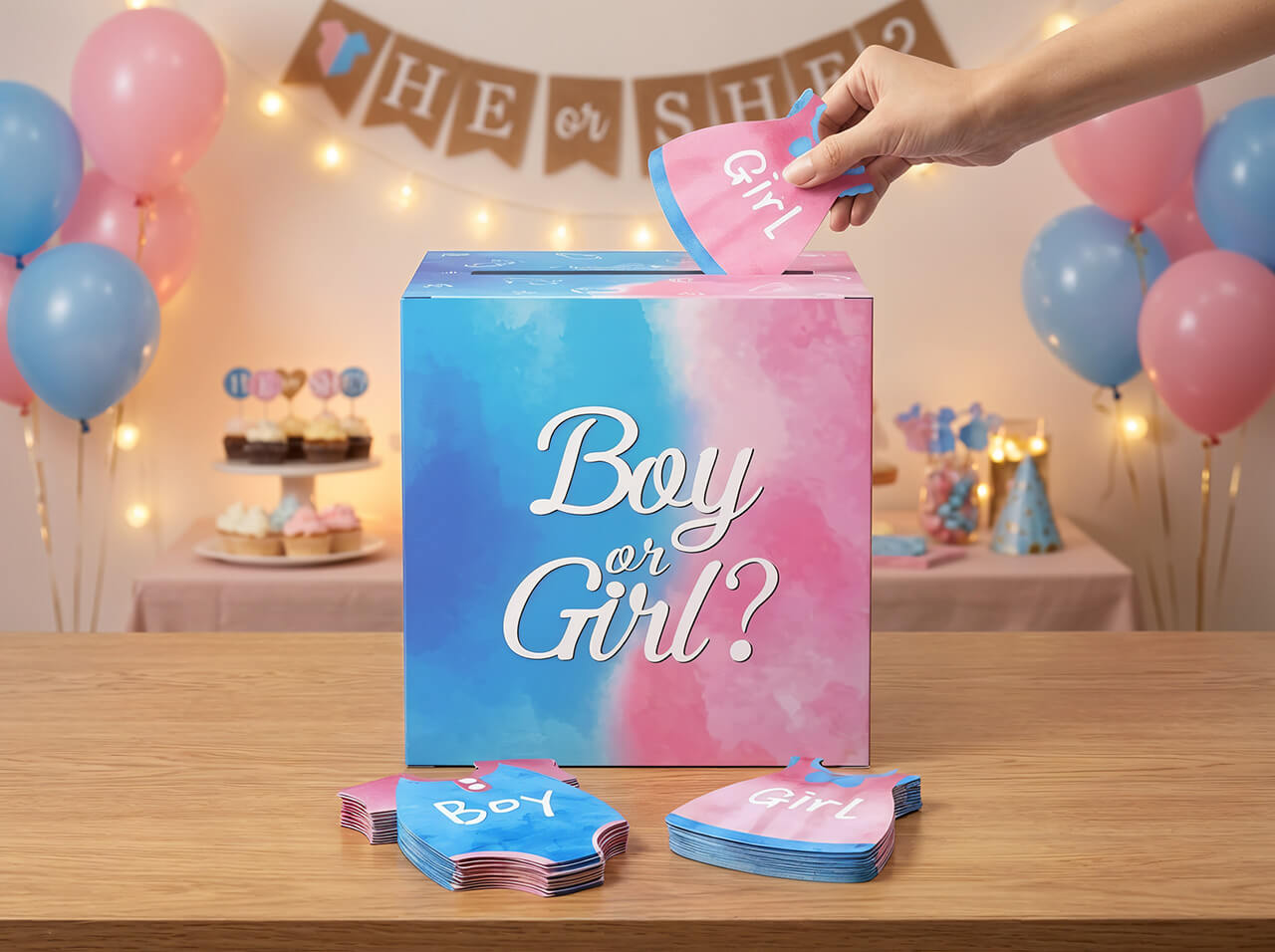 Gender Reveal stemdoos met stemkaartjes boy girl vooraanzicht